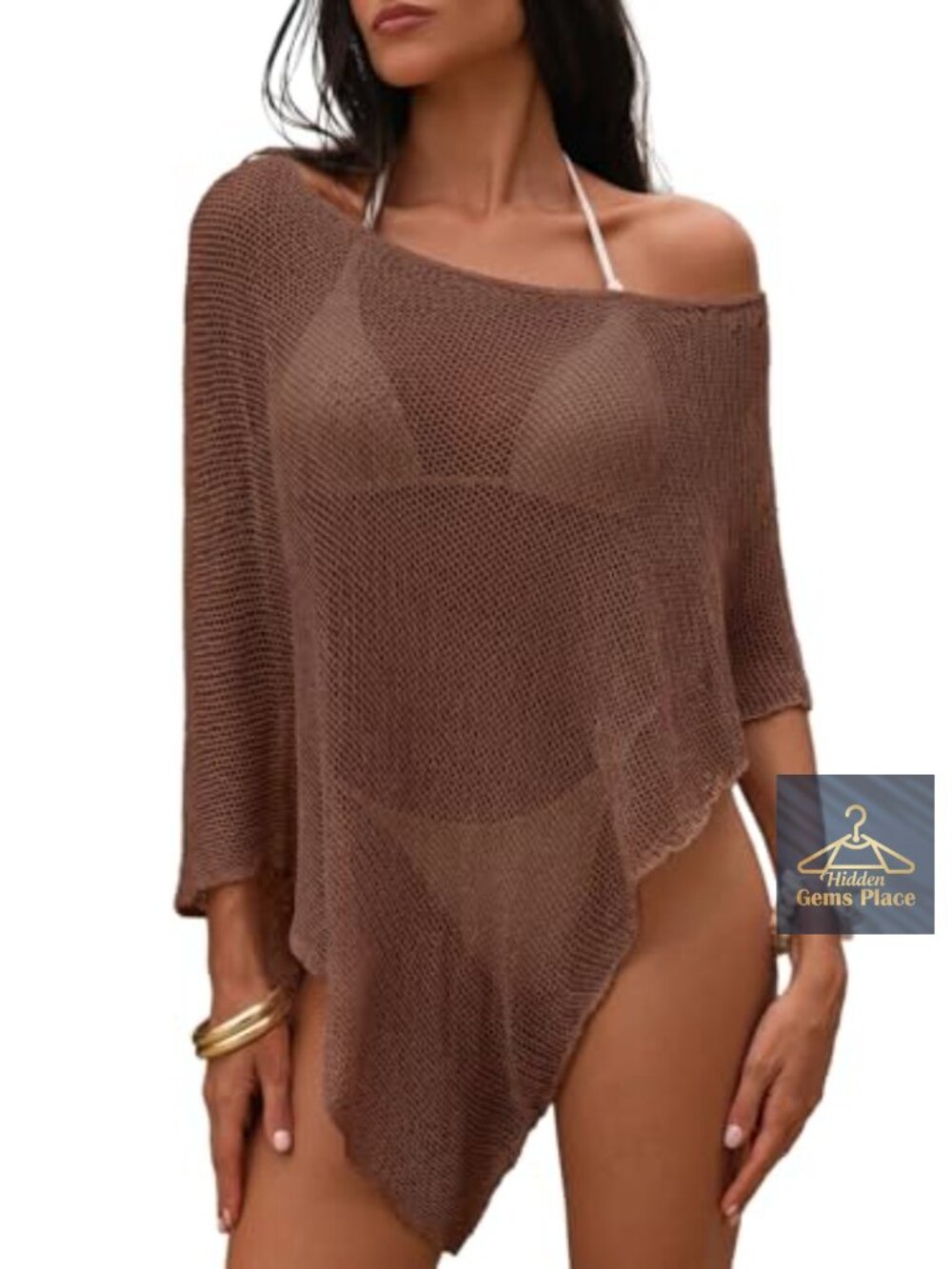 Crochet Knit Off The Shoulder Beach Cover Up Mesh Poncho Top